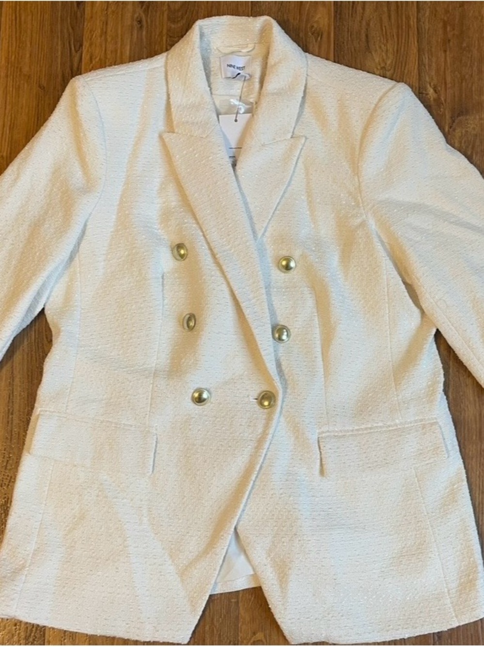 Nine West White Double-Breasted Textured Blazer with Gold Buttons